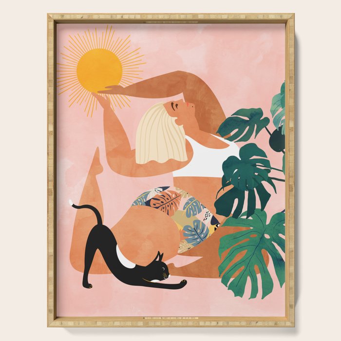 Tropical Yoga, Bohemian Woman Cat Pet Monstera Watercolor Painting, Blonde Quirky Illustration Serving Tray