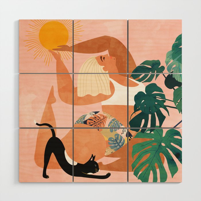 Tropical Yoga, Bohemian Woman Cat Pet Monstera Watercolor Painting, Blonde Quirky Illustration Wood Wall Art