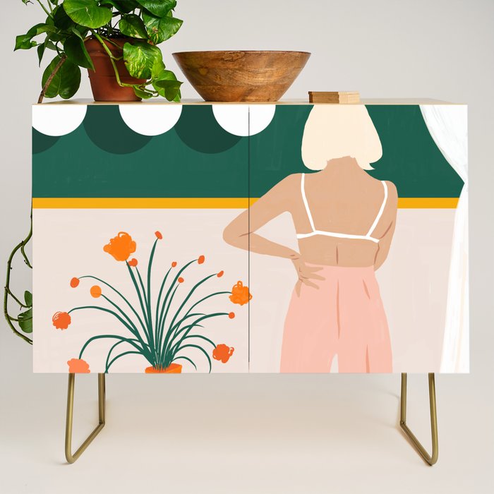 Texting, Millennial Woman Young Bohemian High Fashion Love Pastel Home Decor Blush Credenza