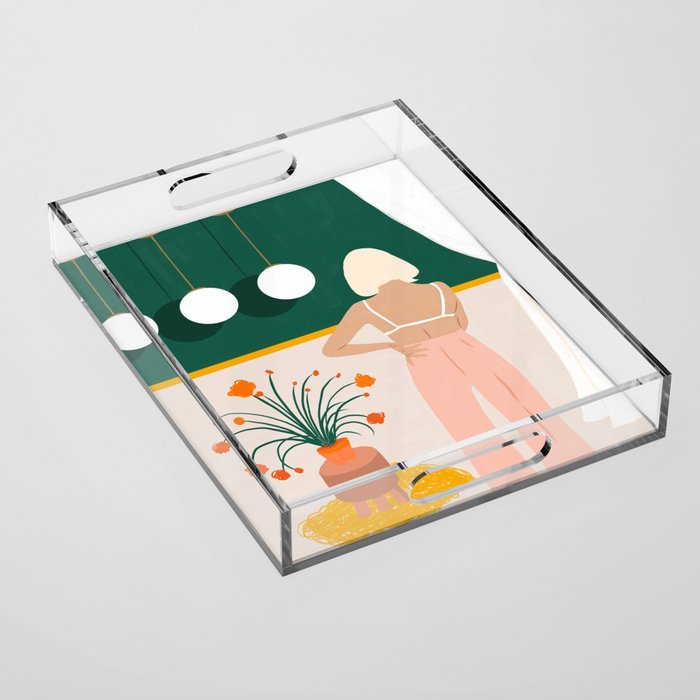 Texting, Millennial Woman Young Bohemian High Fashion Love Pastel Home Decor Blush Acrylic Tray