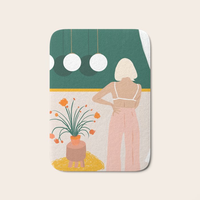 Texting, Millennial Woman Young Bohemian High Fashion Love Pastel Home Decor Blush Bath Mat
