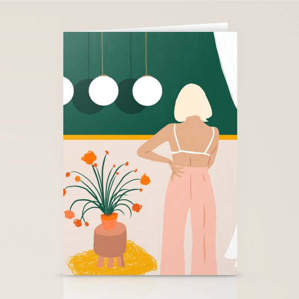 Texting, Millennial Woman Young Bohemian High Fashion Love Pastel Home Decor Blush Stationery Card