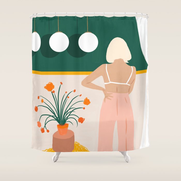 Texting, Millennial Woman Young Bohemian High Fashion Love Pastel Home Decor Blush Shower Curtain