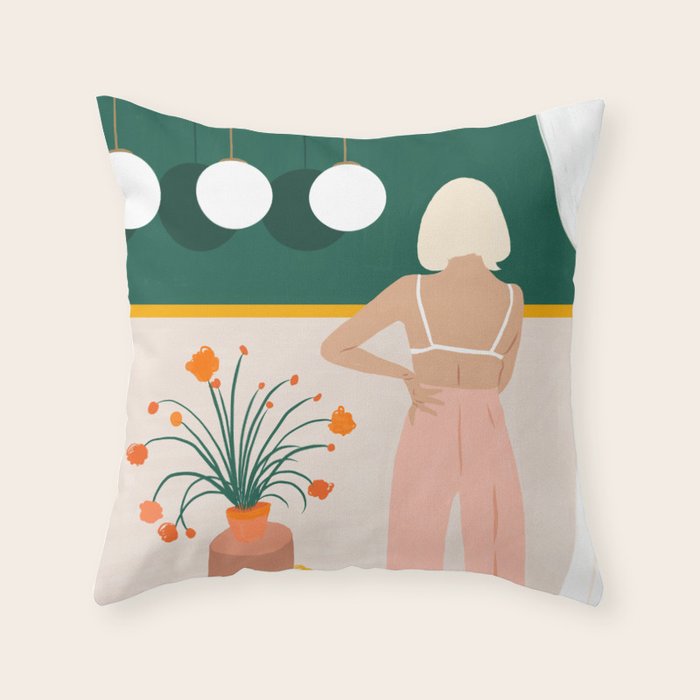 Texting, Millennial Woman Young Bohemian High Fashion Love Pastel Home Decor Blush Throw Pillow