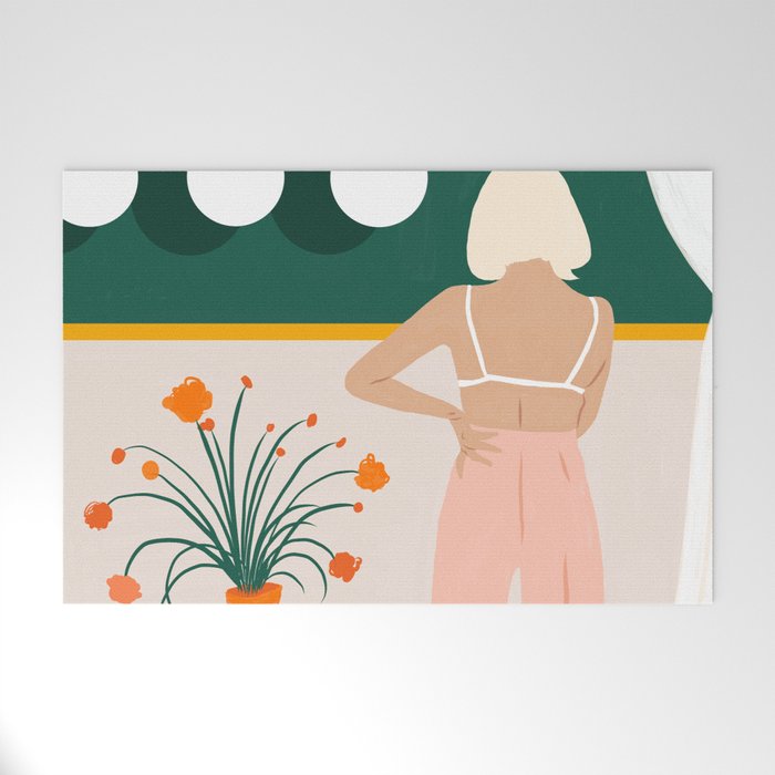 Texting, Millennial Woman Young Bohemian High Fashion Love Pastel Home Decor Blush Welcome Mat