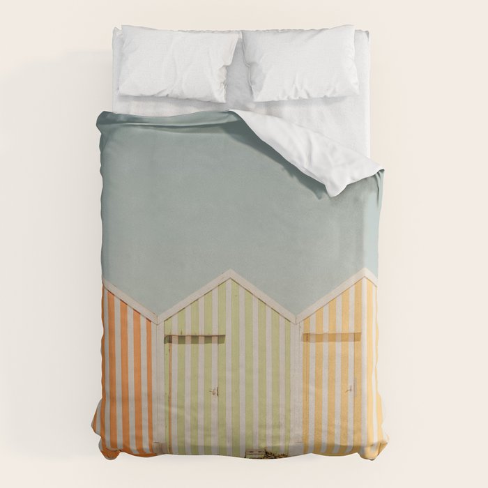 Pastel Candy Striped Beach Huts - Summer Beach Photography By Ingrid Beddoes Duvet Cover