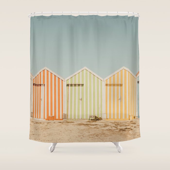 Pastel Candy Striped Beach Huts - Summer Beach Photography By Ingrid Beddoes Shower Curtain