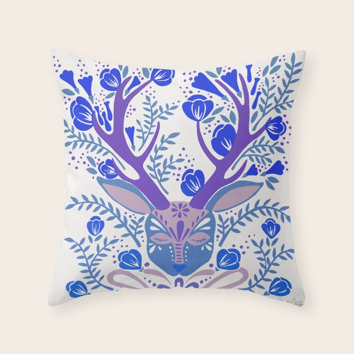 Floral Antlers - Blue Palette Throw Pillow