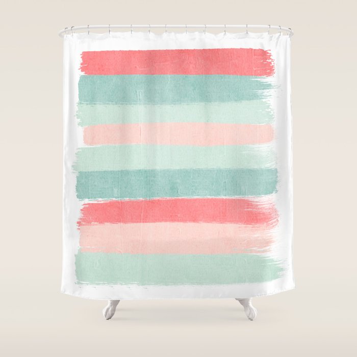 Stripes Painted Coral Minimal Mint Teal Bright Southern Charleston Decor Colors Shower Curtain