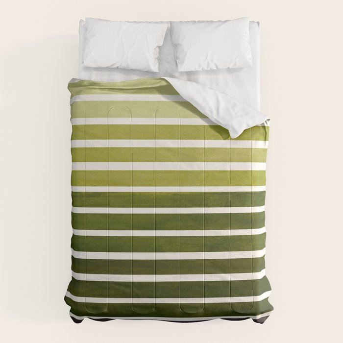 Watercolor Gouache Mid Century Modern Minimalist Colorful Olive Green Stripes Comforter