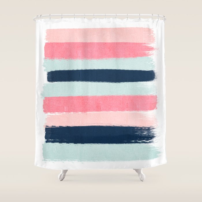 Striped Painted Coral Mint Navy Pink Pattern Stripes Minimalist Shower Curtain