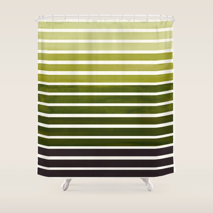 Watercolor Gouache Mid Century Modern Minimalist Colorful Olive Green Stripes Shower Curtain