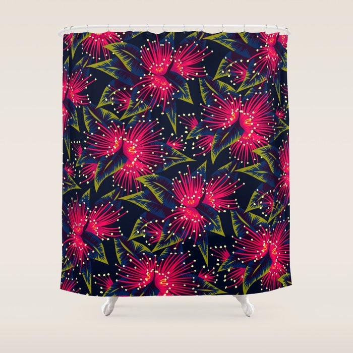 New Zealand Rata Floral Print (Night) Shower Curtain