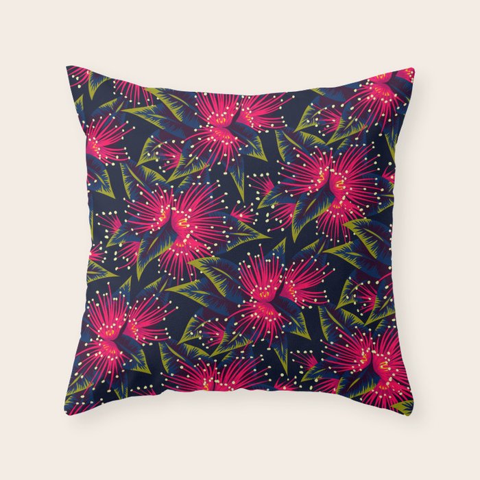 New Zealand Rata Floral Print (Night) Throw Pillow