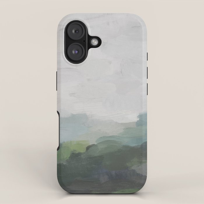 Temple Of Flora - Dark Green Seafoam Teal Valley Horizon Gray Cloudy Skies Abstract Nature Painting Iphone Case
