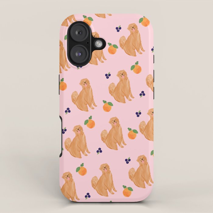Golden Retriever And Fruits Pink Iphone Case