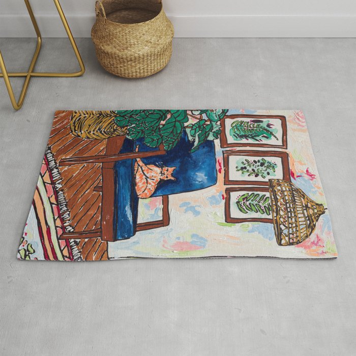 Ginger Cat On Blue Mid Century Chair Painting Rug