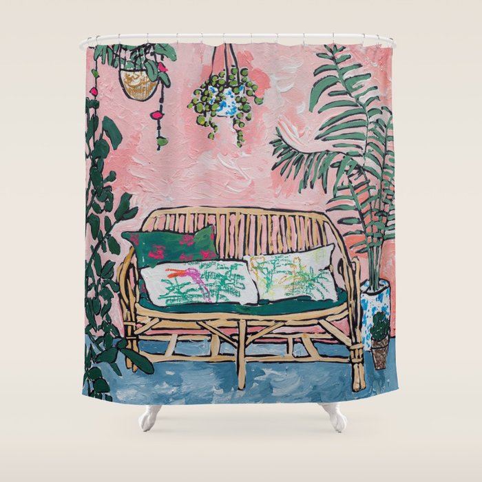 Rattan Bench In Painterly Pink Jungle Room Shower Curtain