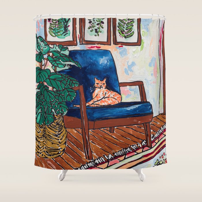 Ginger Cat On Blue Mid Century Chair Painting Shower Curtain