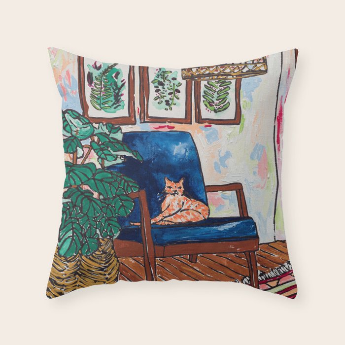 Ginger Cat On Blue Mid Century Chair Painting Throw Pillow