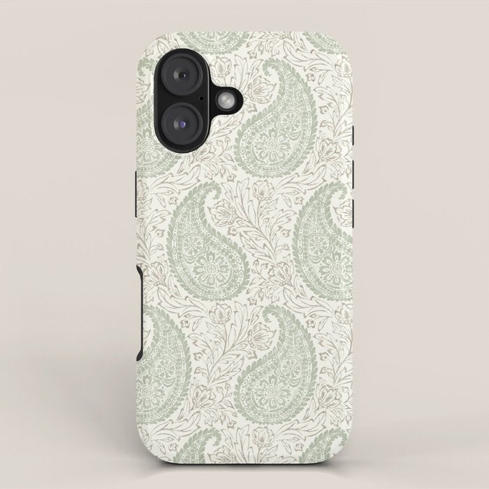 Block Print Paisley - Sage And Light Taupe Iphone Case