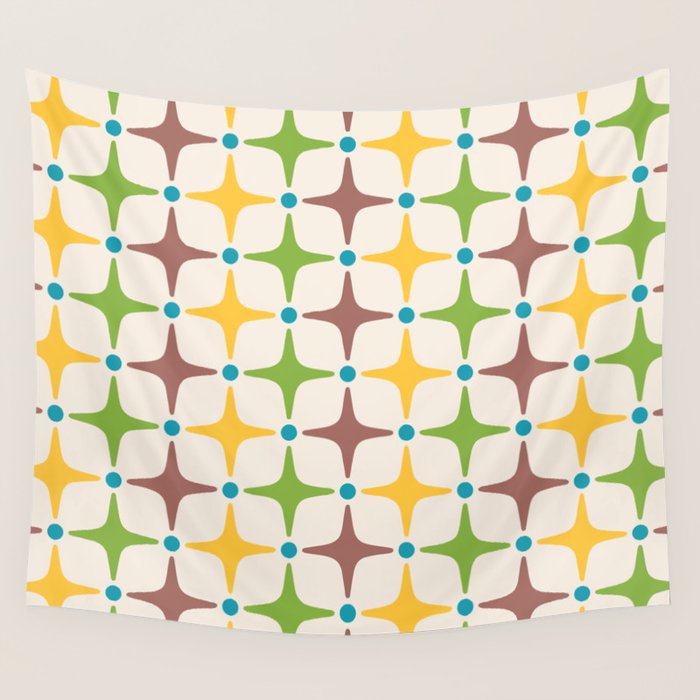 Mid Century Modern Star Pattern 214 Brown Yellow Turquoise Chartreuse Wall Tapestry