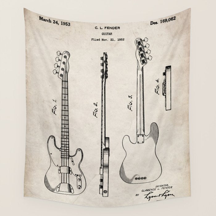 Bass Guitar Patent - Bass Guitarist Art - Antique Wall Tapestry