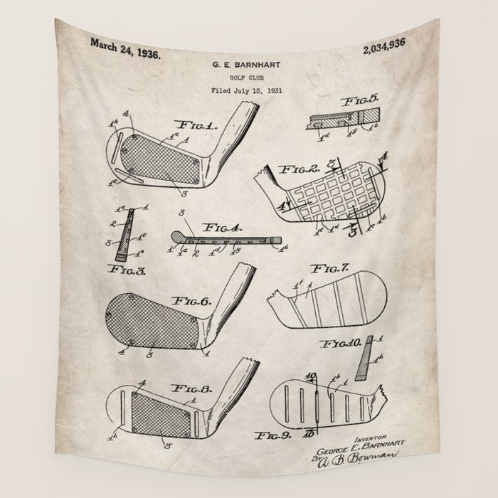Golf Clubs Patent - Golfing Art - Antique Wall Tapestry