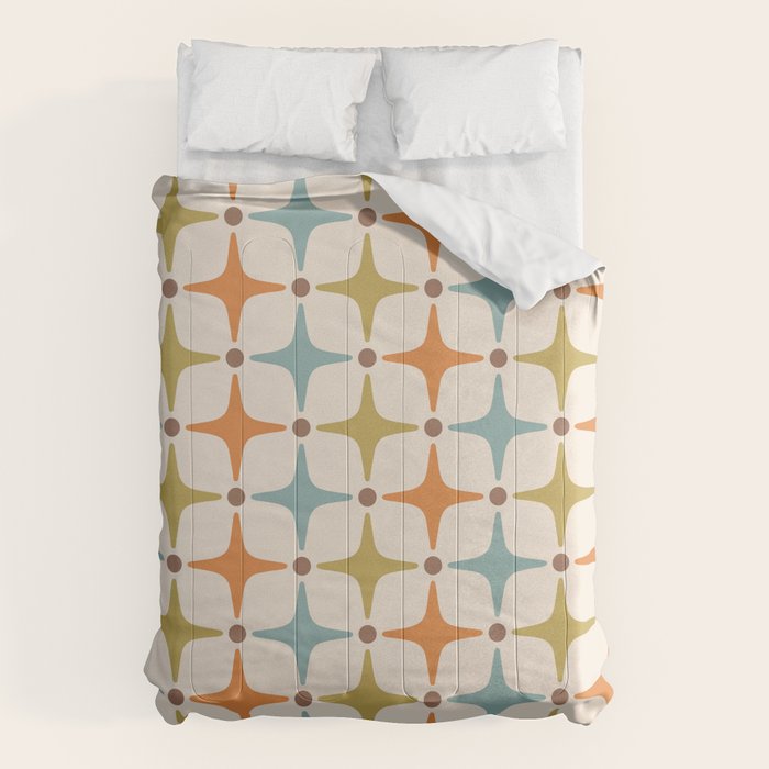 Mid Century Modern Star Pattern 817 Orange Brown Blue And Olive Green Comforter