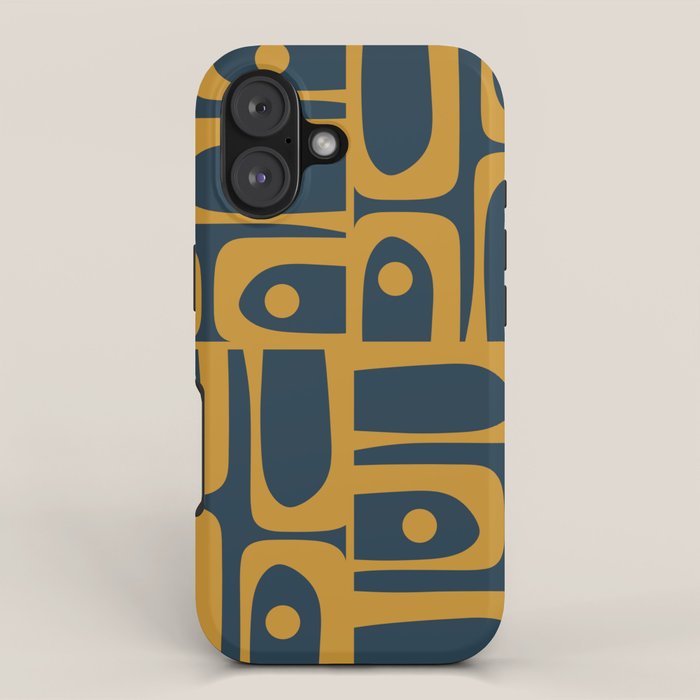 Mid Century Modern Abstract Piquet Multi Pattern In Dark Mustard And Navy Blue Iphone Case
