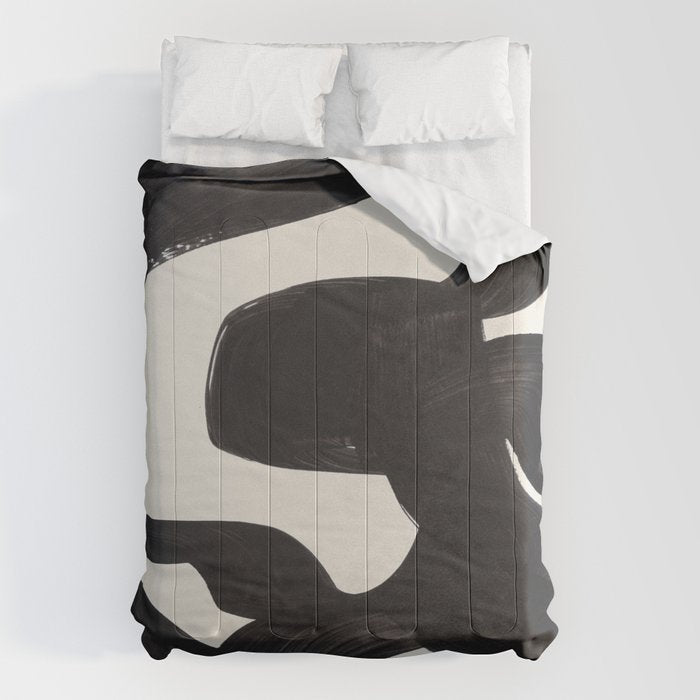 Mid Century Modern Minimalist Abstract Art Brush Strokes Black & White Ink Art Maze Comforter