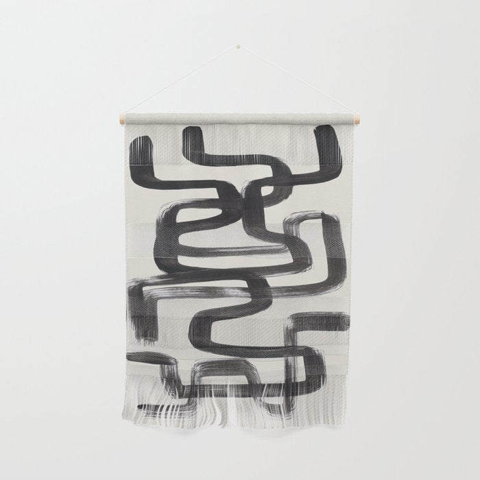 Mid Century Modern Minimalist Abstract Art Brush Strokes Black & White Ink Art Pipe Maze Wall Hanging