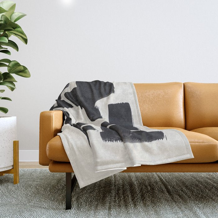 Mid Century Modern Minimalist Abstract Art Brush Strokes Black & White Ink Art Shapes Throw Blanket