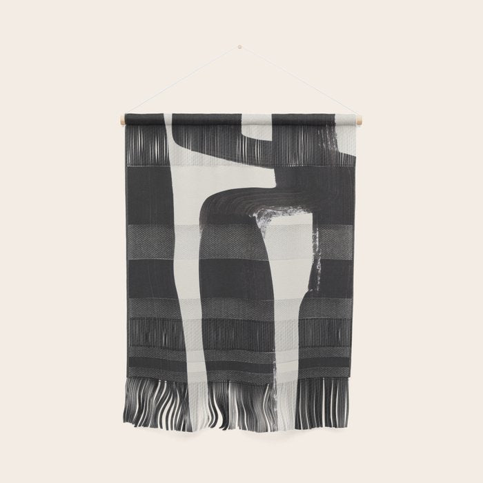 Mid Century Modern Minimalist Abstract Art Brush Strokes Black & White Ink Art Ancient Stripes Wall Hanging