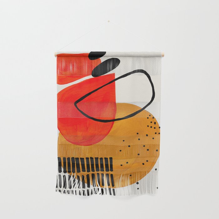 Mid Century Modern Abstract Colorful Art Yellow Ball Orange Shapes Orbit Black Pattern Wall Hanging