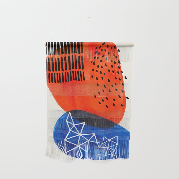 Mid Century Modern Abstract Minimalist Fun Colorful Shapes Patterns Orange Blue Bubbles Organic Wall Hanging