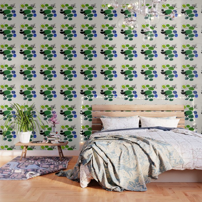 Fun Abstract Minimalist Mid Century Modern Colorful Shapes Lime Green Blue Watercolor Bubbles Wallpaper