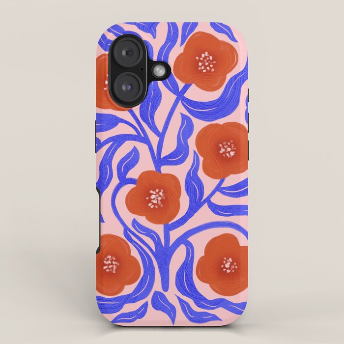Bold Red Flowers And Blue Leaves Iphone Case
