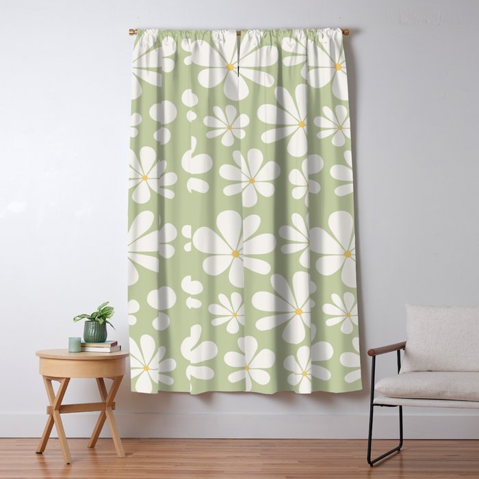 Retro Daisy Pattern - Pastel Green Window Curtain