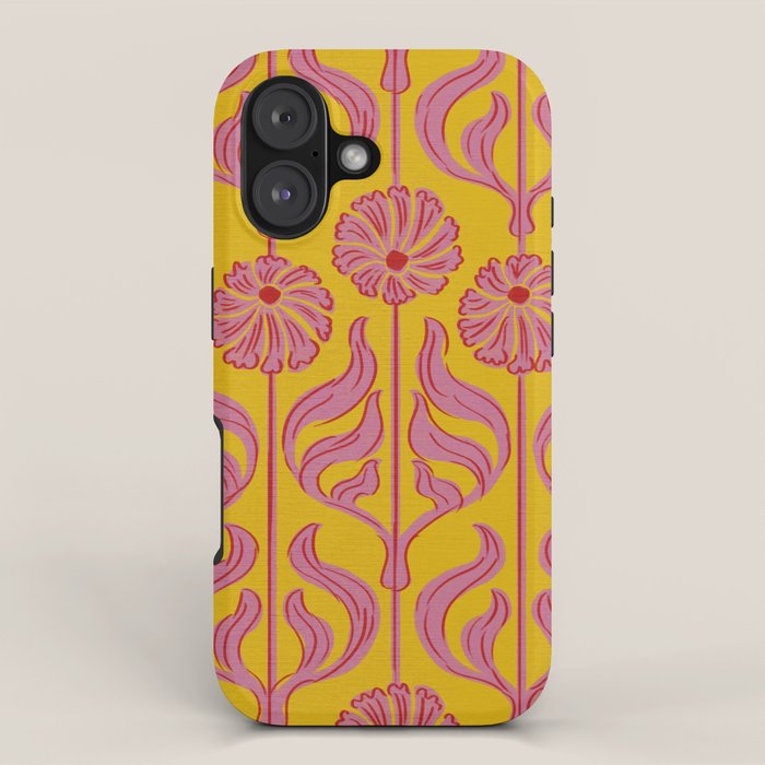 Art Deco Chic: Pink Flowers On Mustard Yellow Iphone Case