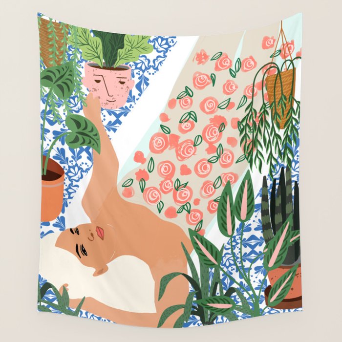 Moroccan Bath With Plants #Botanical #Illustration Wall Tapestry