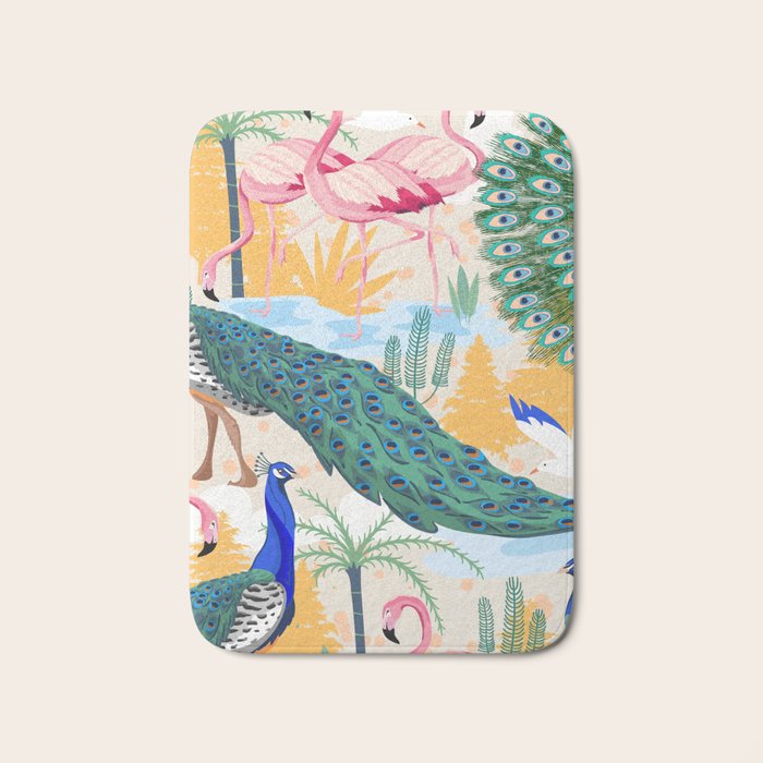 Utopia, Tropical Wildlife Animals, Flamingo Peacock Seagull Vintage Botanical Palm Bath Mat