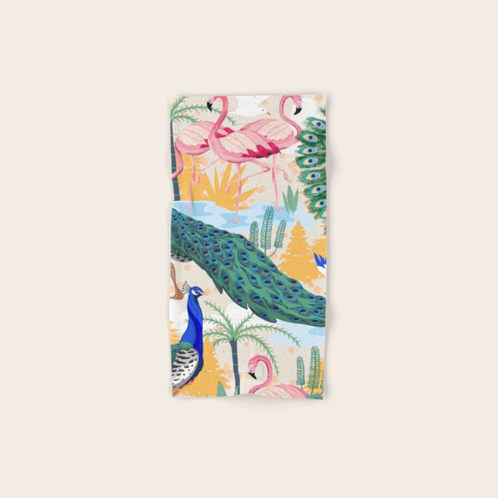 Utopia, Tropical Wildlife Animals, Flamingo Peacock Seagull Vintage Botanical Palm Bath Towel