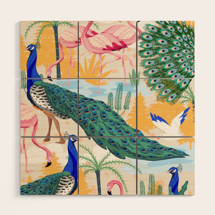 Utopia, Tropical Wildlife Animals, Flamingo Peacock Seagull Vintage Botanical Palm Wood Wall Art