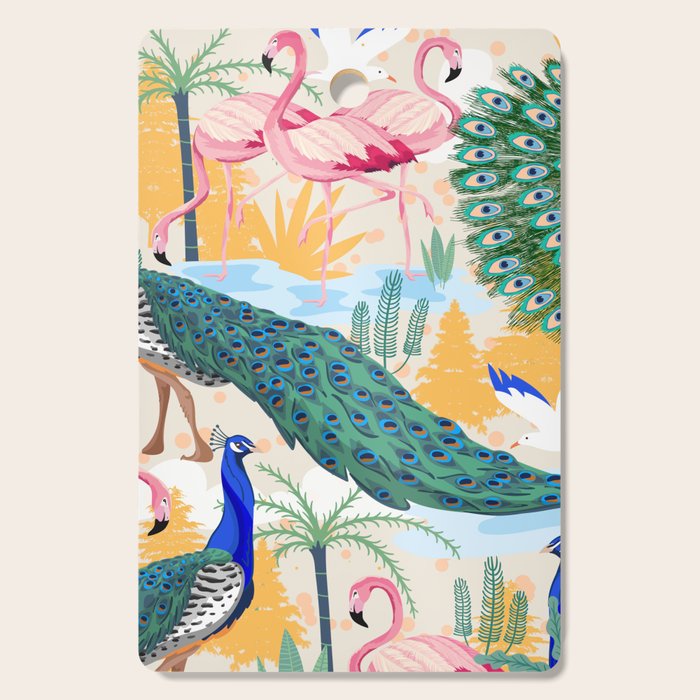 Utopia, Tropical Wildlife Animals, Flamingo Peacock Seagull Vintage Botanical Palm Cutting Board