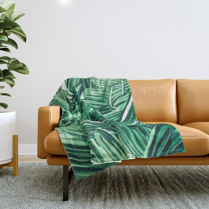Tropical State Of Mind | Watercolor Palm Banana Leaves Painting | Botanical Jungle Bohemian Plants Throw Blanket