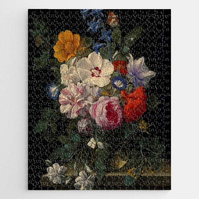 Nicolaes Van Veerendael "Flowers In A Glass Vase With A Butterfly And Beetle On A Stone Ledge" Jigsaw Puzzle