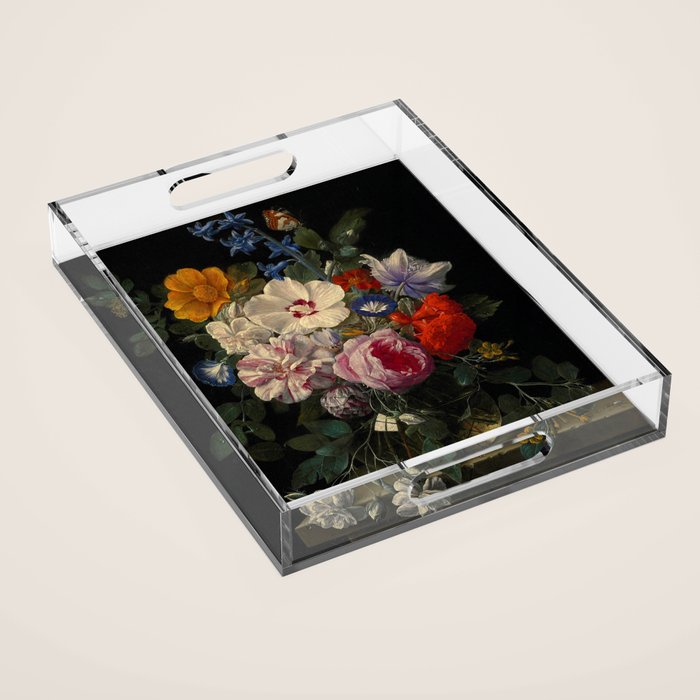 Nicolaes Van Veerendael "Flowers In A Glass Vase With A Butterfly And Beetle On A Stone Ledge" Acrylic Tray
