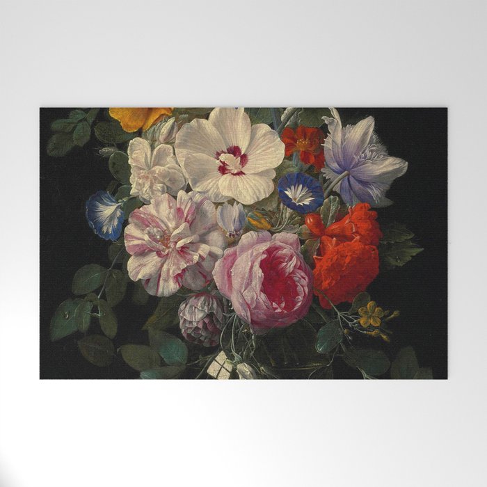 Nicolaes Van Veerendael "Flowers In A Glass Vase With A Butterfly And Beetle On A Stone Ledge" Welcome Mat
