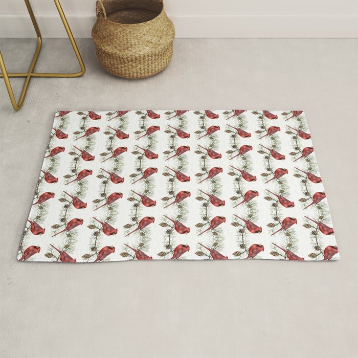 Christmas Red Cardinal Bird And Pine Watercolor Rug